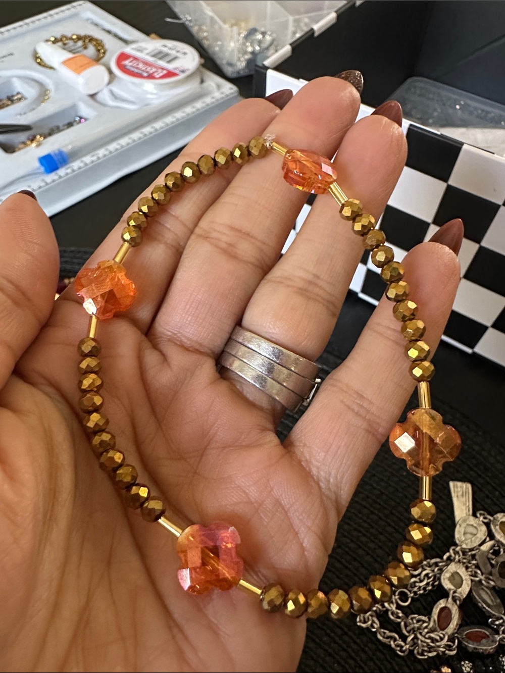 Handcrafted Orange and Gold Beaded Stretch anklet / Bracelet - Women Jewelry